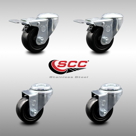 Service Caster 3 Inch SS Hard Rubber Wheel Swivel Bolt Hole Caster Set with 2 Total Lock Brakes SCC-SSBHTTL20S314-HRS-2-S-2